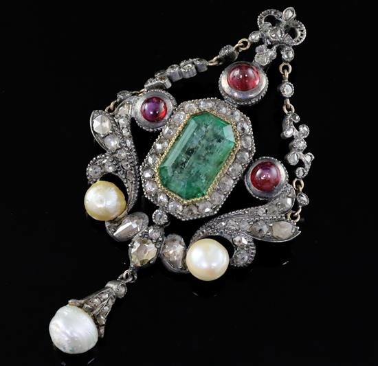 A Georgian gold and silver, emerald, cabochon ruby, rose cut diamond and pearl set drop pendant brooch, 8cm.